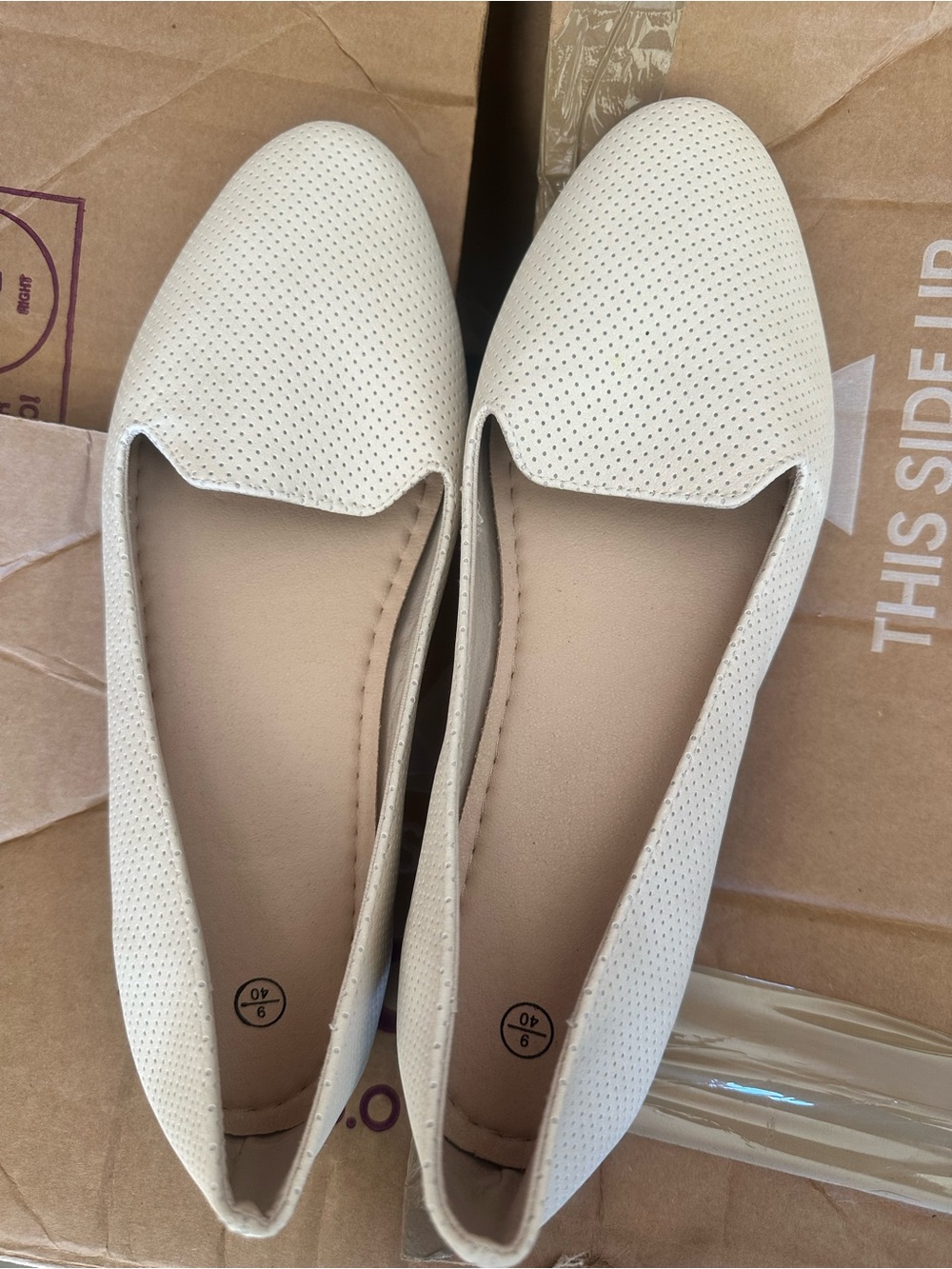 Perforated Pointed-Toe Women's Flats in Cream